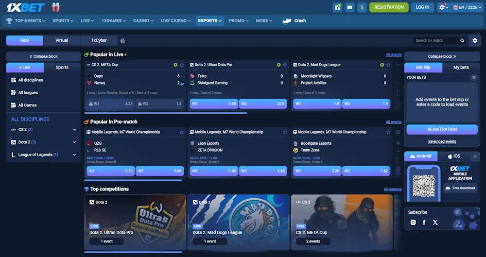 1xBet Esports Betting Screenshot